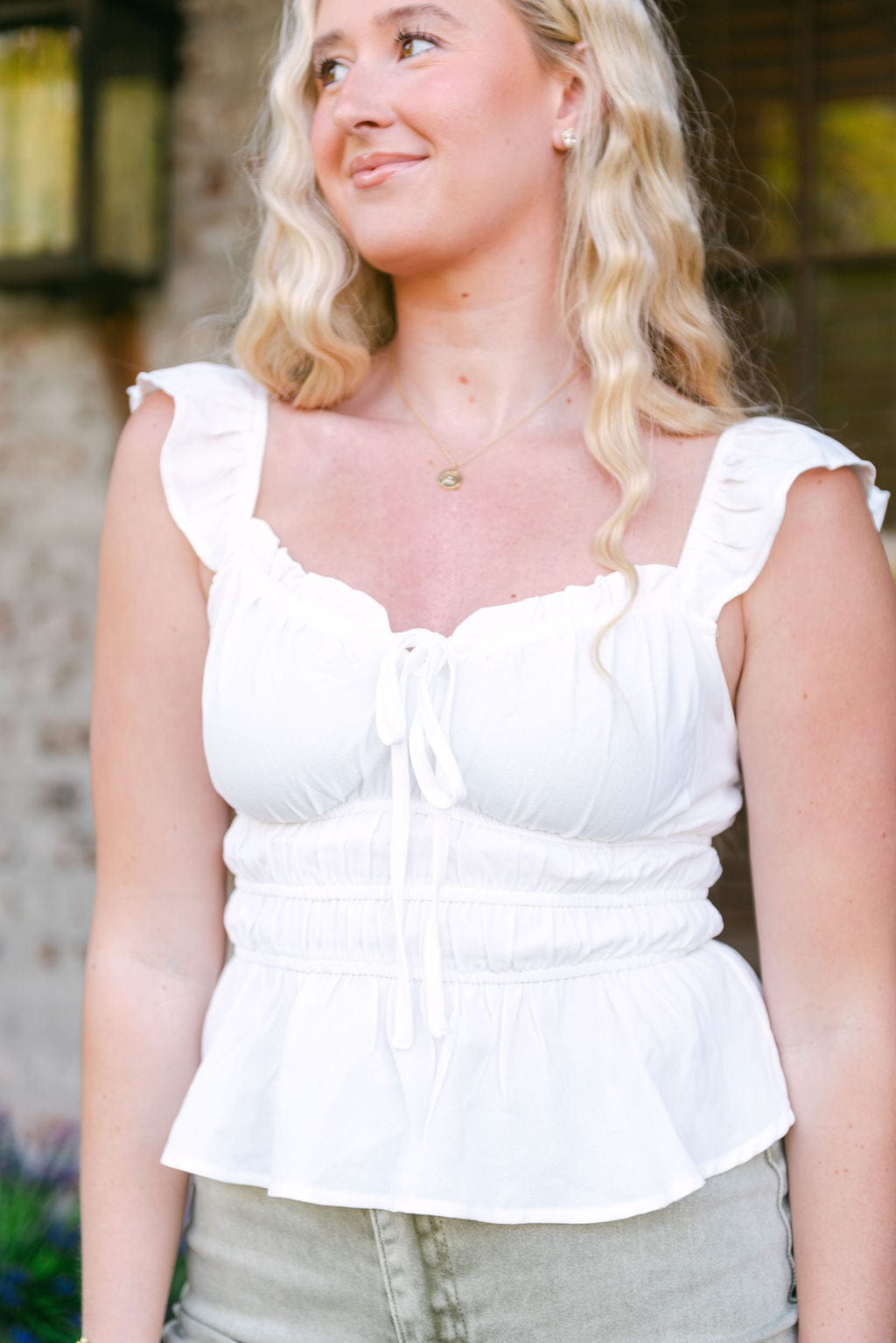 White Ruffle Trim Tie Front Top - Image 5