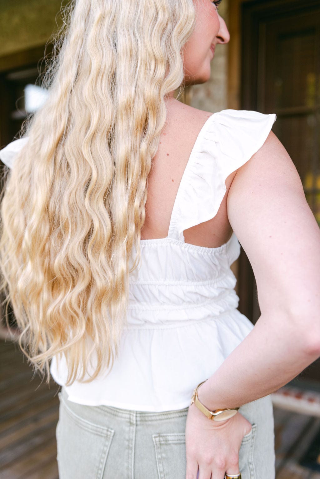 White Ruffle Trim Tie Front Top - Image 2