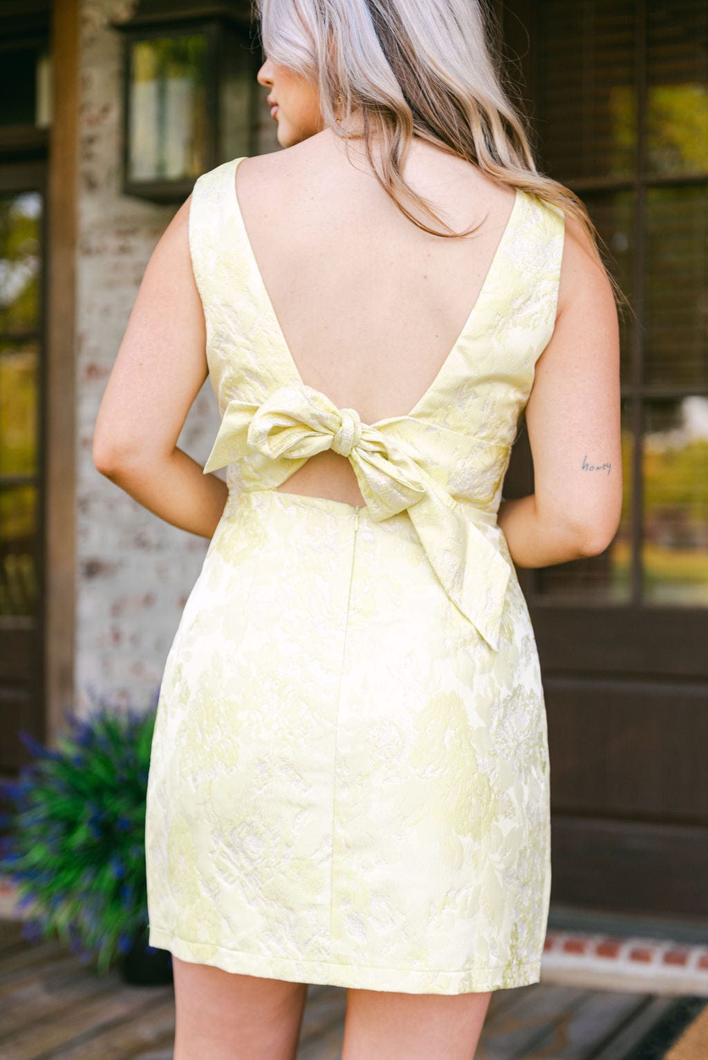 Yellow Jacquard Bow Back Mini Dress - Image 2