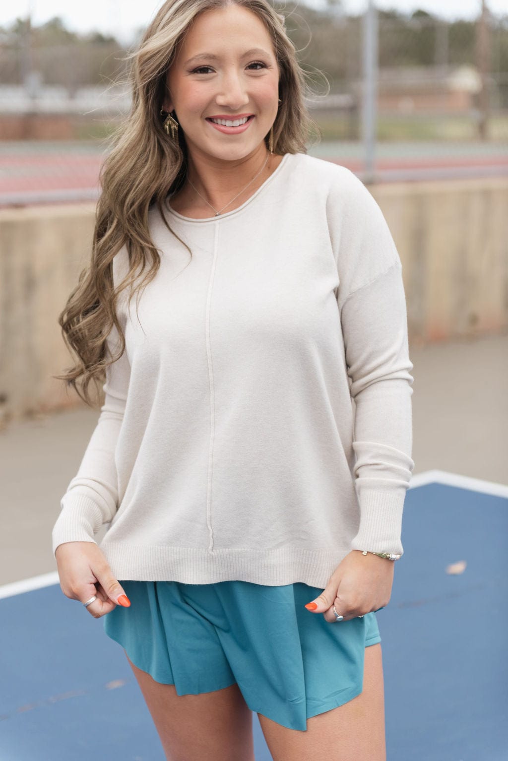 Beige Long Sleeve Front Seam Sweater - Image 4