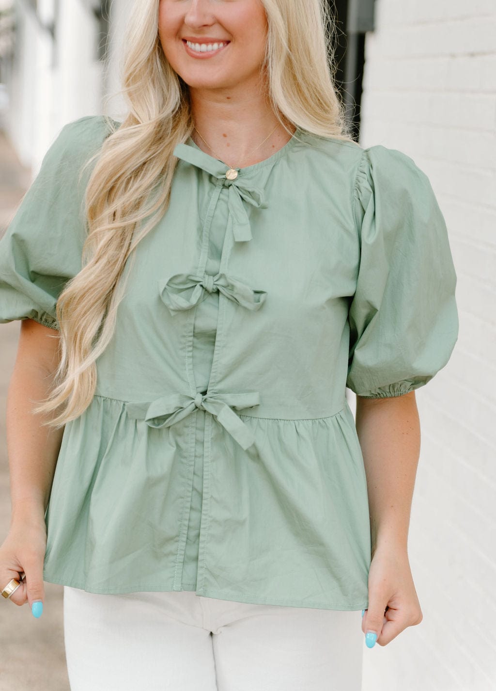 Sage Bow Front Peplum Blouse - Image 4