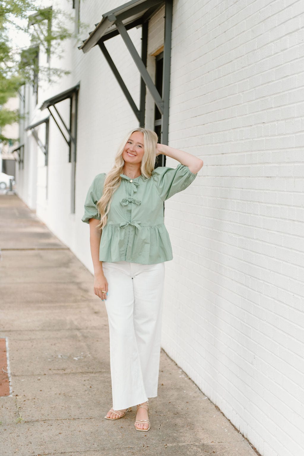 Sage Bow Front Peplum Blouse - Image 6