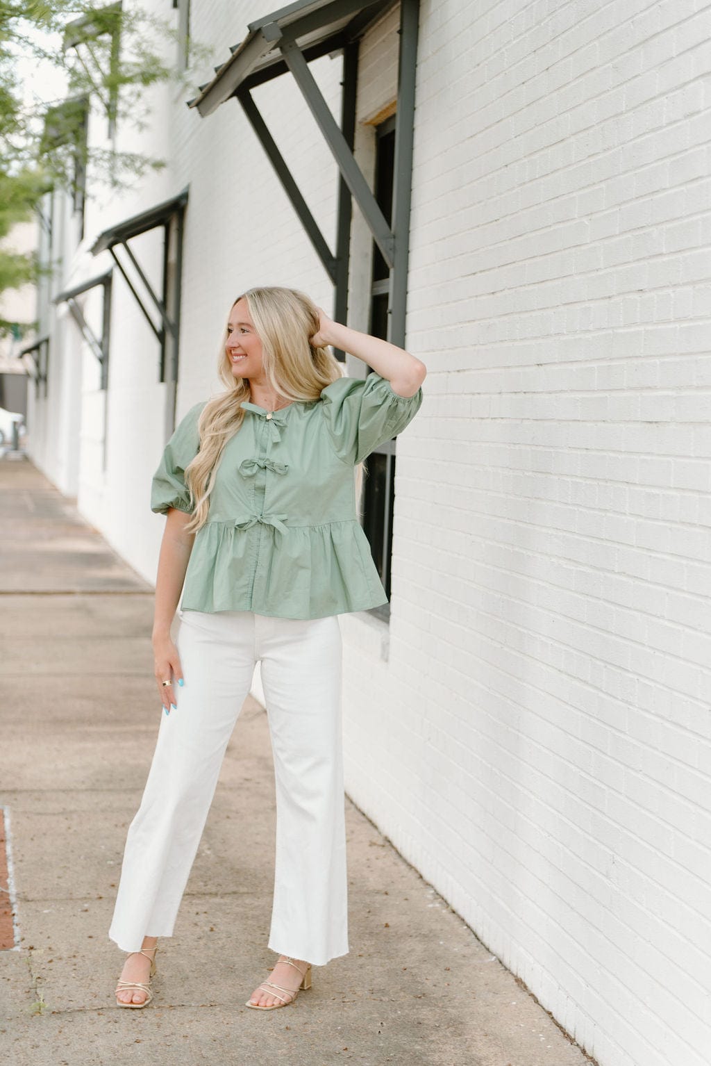 Sage Bow Front Peplum Blouse - Image 3