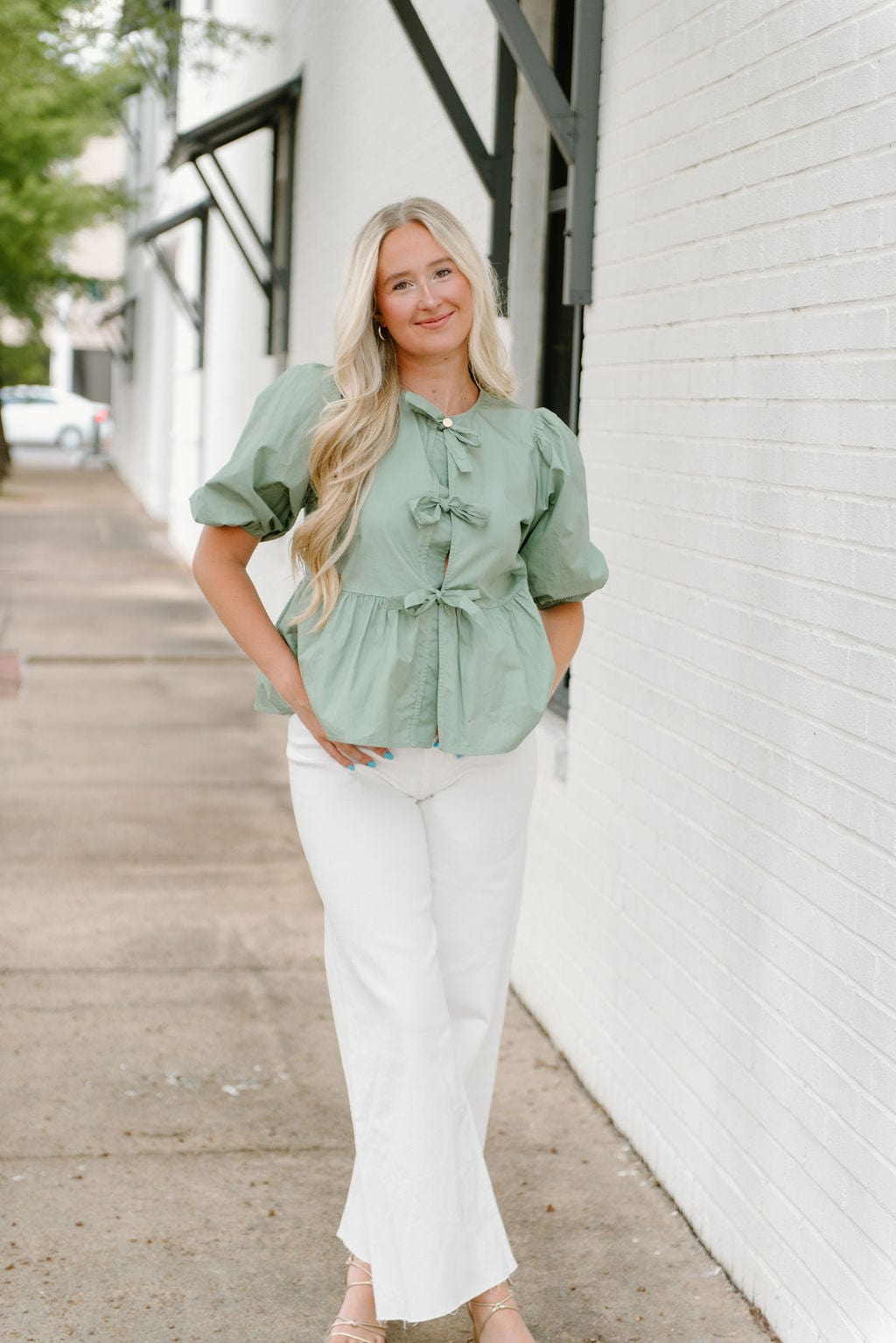 Sage Bow Front Peplum Blouse - Image 5