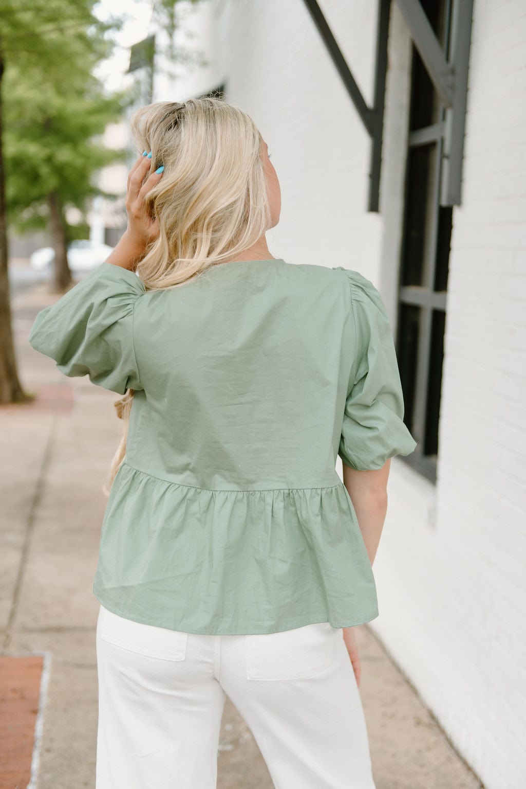 Sage Bow Front Peplum Blouse - Image 2