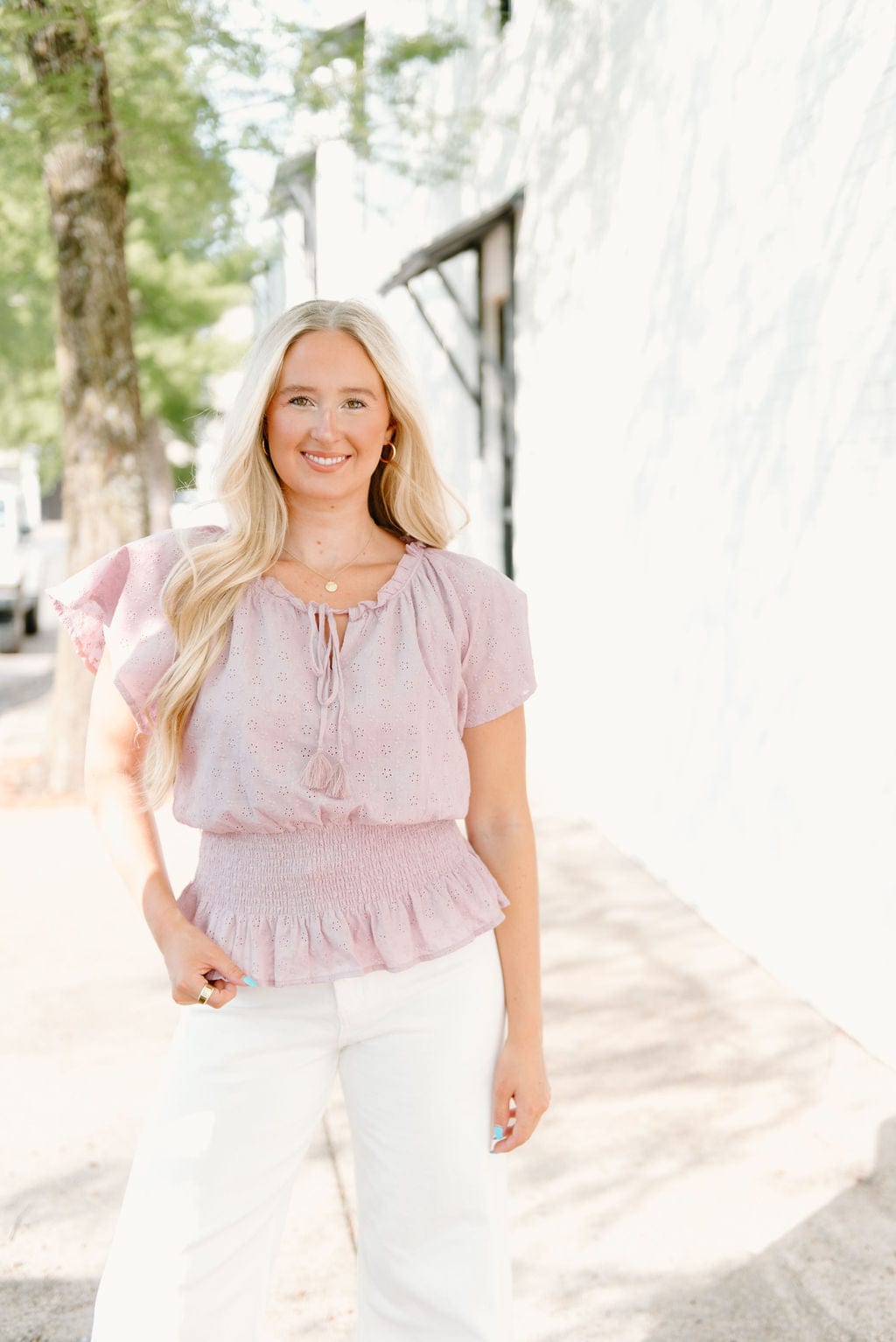 Lavender Eyelet Lace Smocked Blouse - Image 3