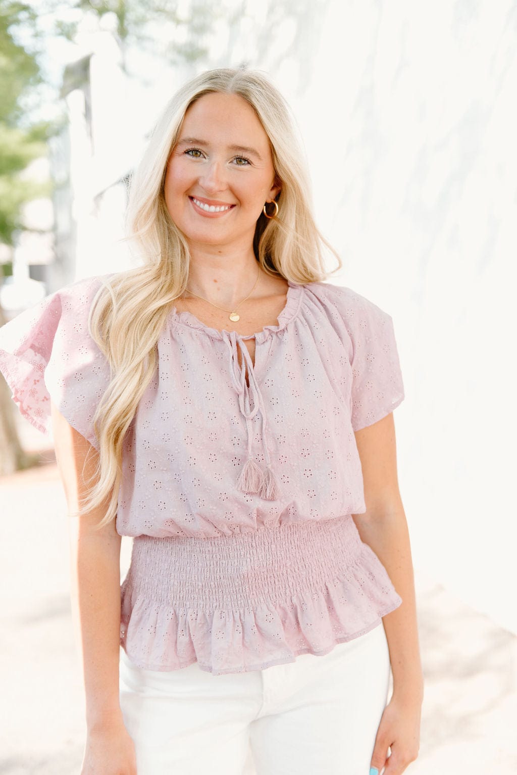 Lavender Eyelet Lace Smocked Blouse - Image 4