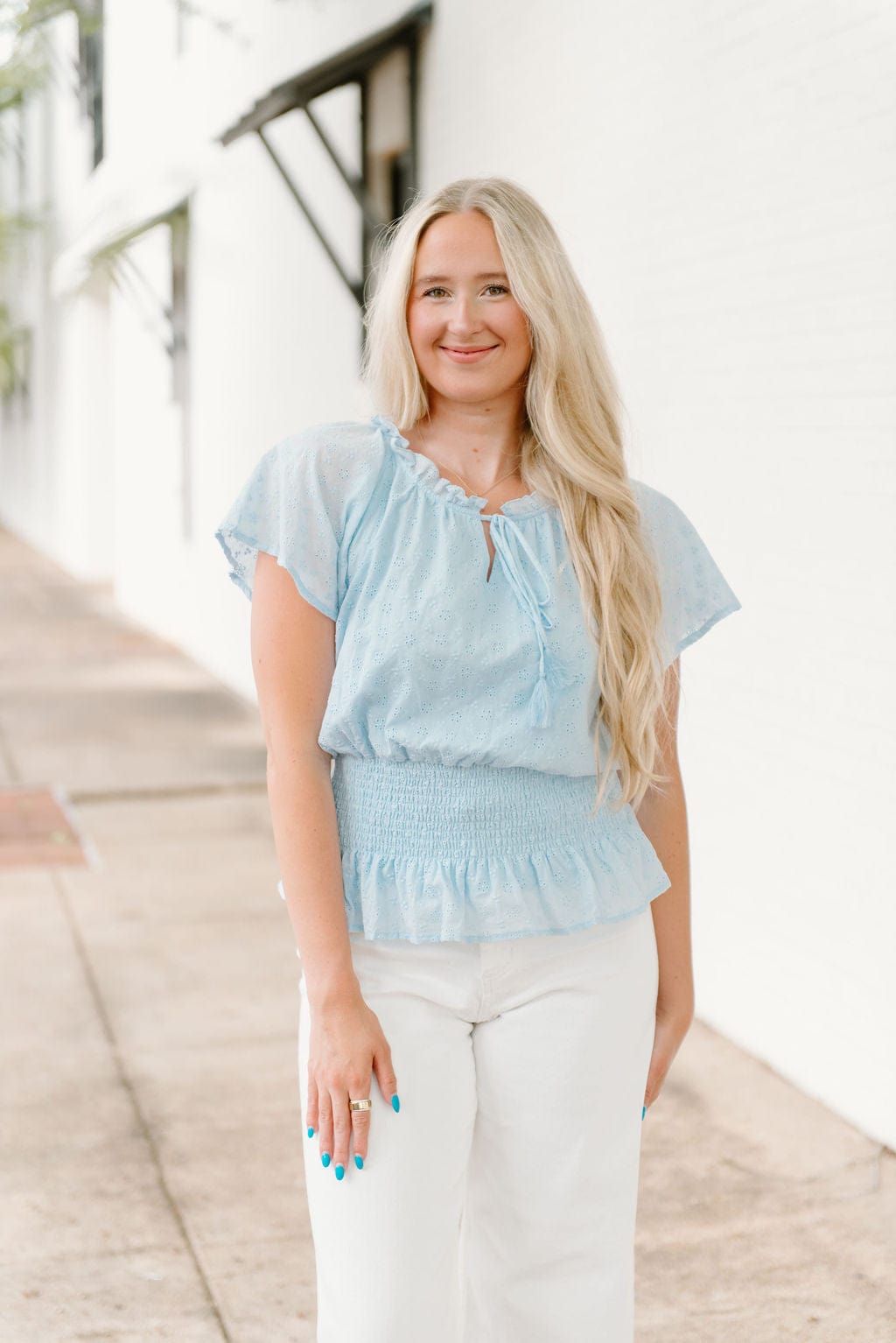 Blue Eyelet Lace Smocked Blouse - Image 3