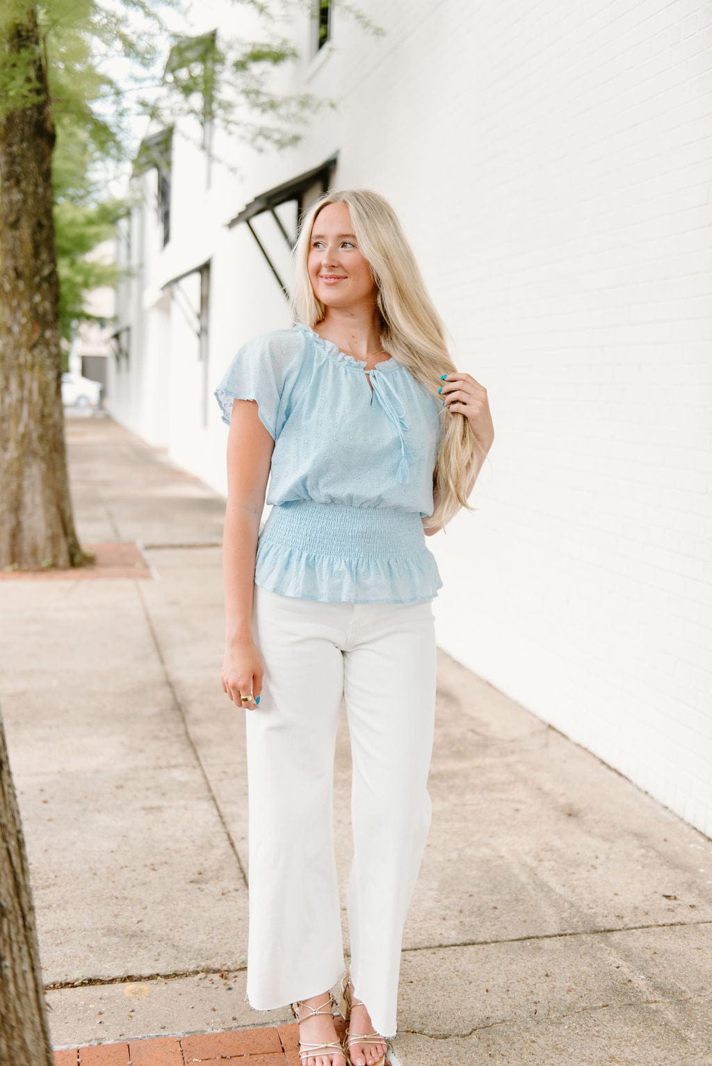 Blue Eyelet Lace Smocked Blouse - Image 4