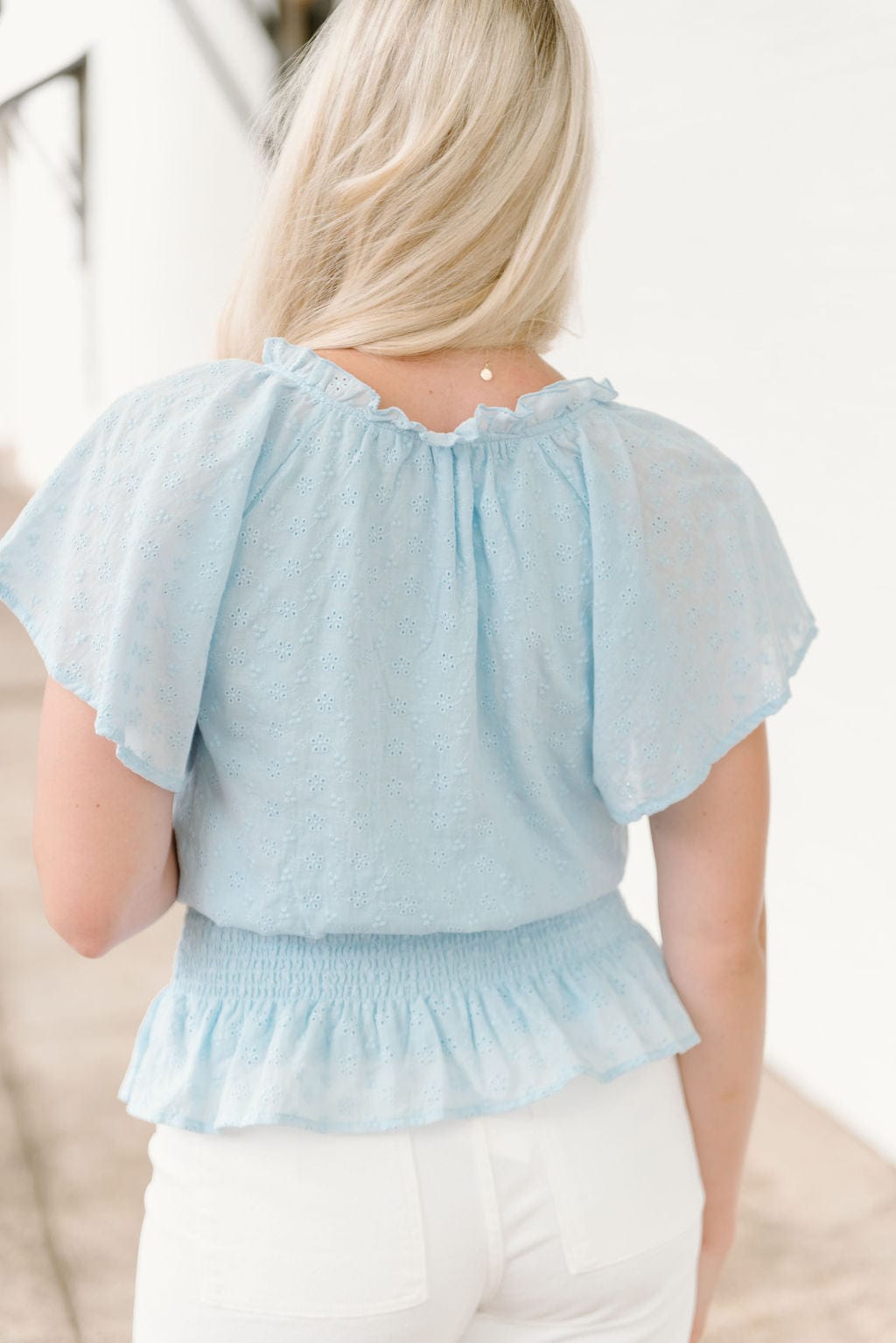 Blue Eyelet Lace Smocked Blouse - Image 2