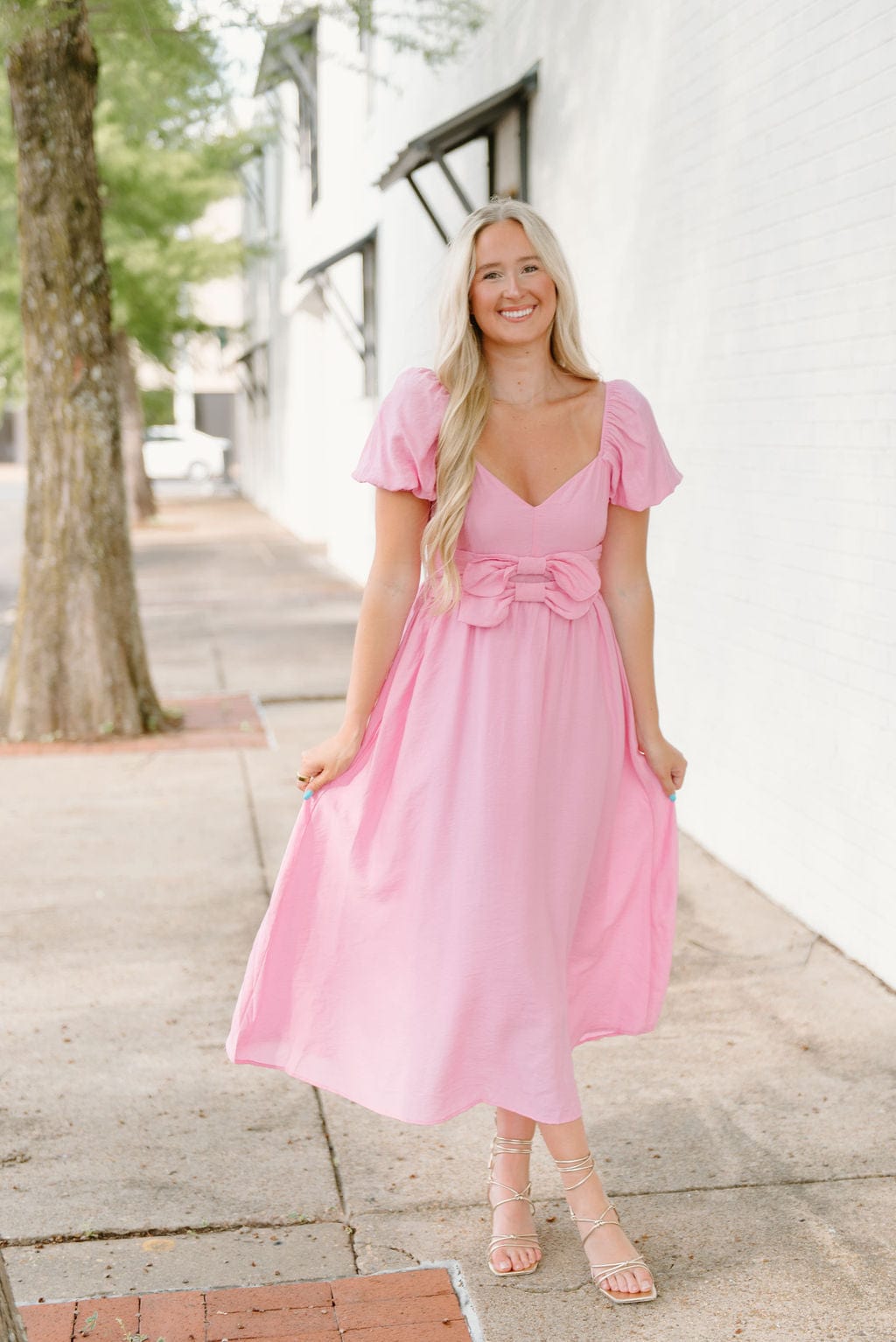 Pink Bow Front Puff Sleeve Midi Dress
