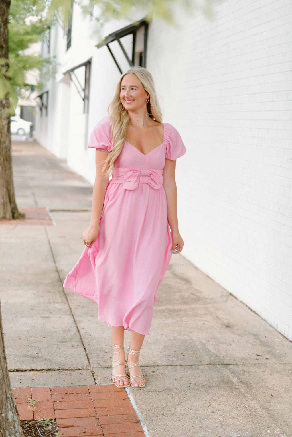 Pink Bow Front Puff Sleeve Midi Dress - Image 4