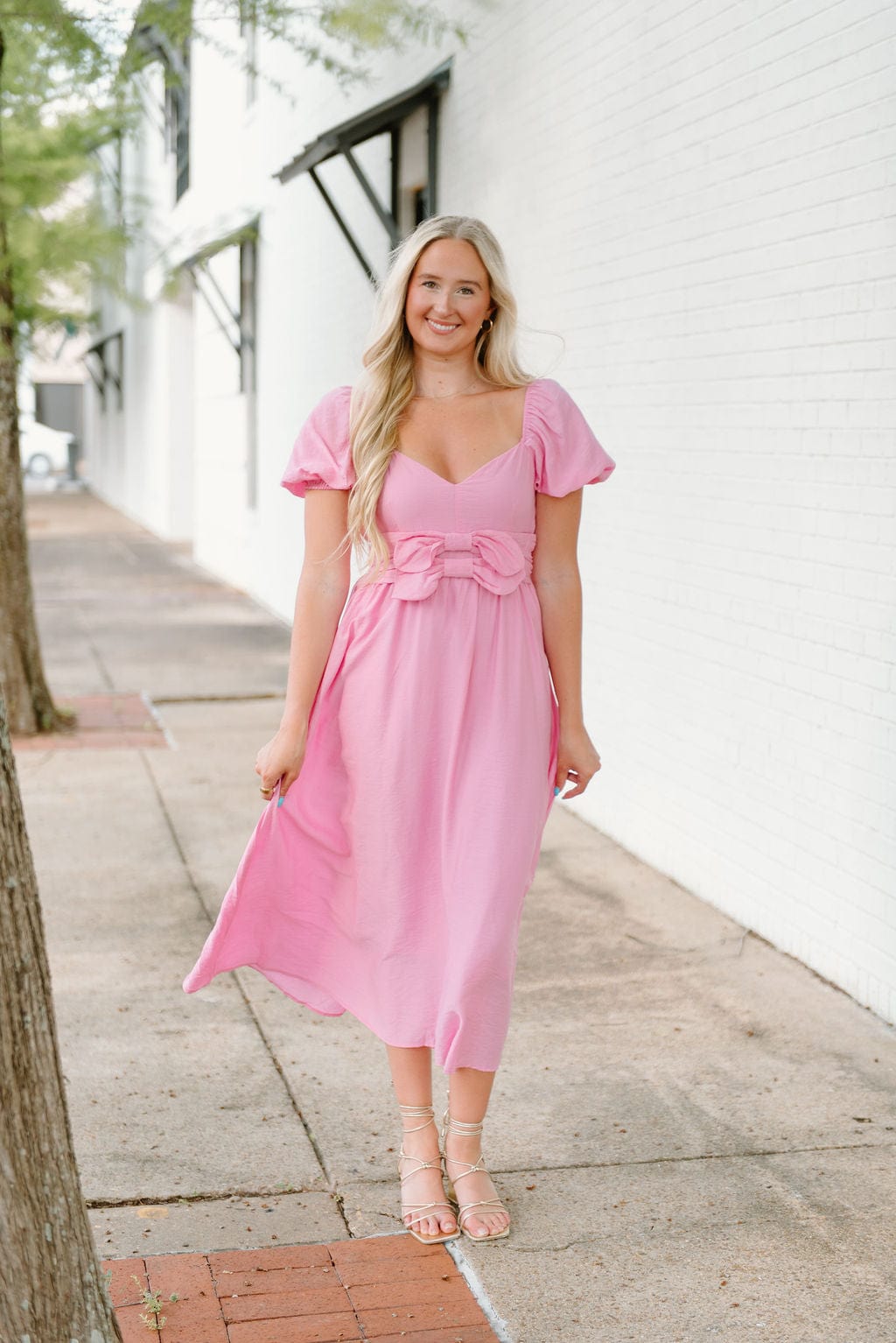 Pink Bow Front Puff Sleeve Midi Dress - Image 6