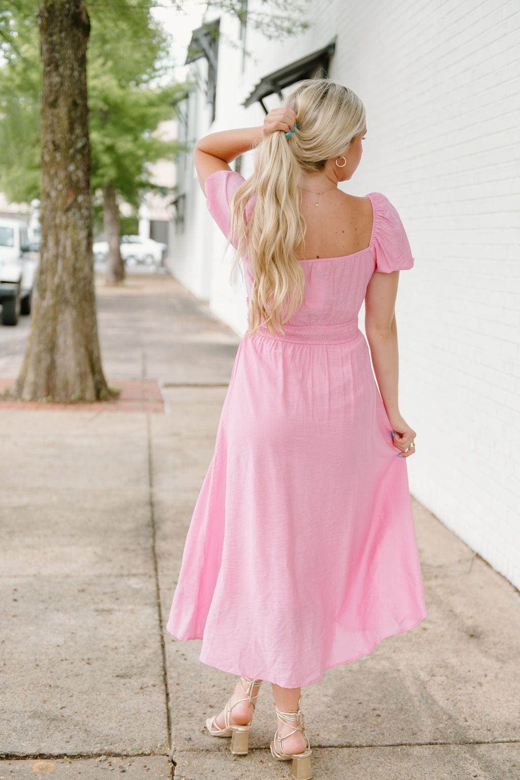 Pink Bow Front Puff Sleeve Midi Dress - Image 2