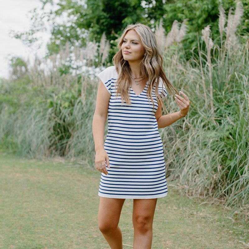 Navy Striped Button Detail Knit Dress