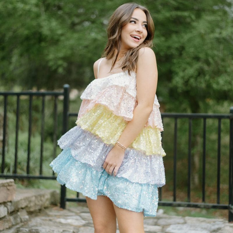 Pastel Sequin Tiered Ruffle Dress