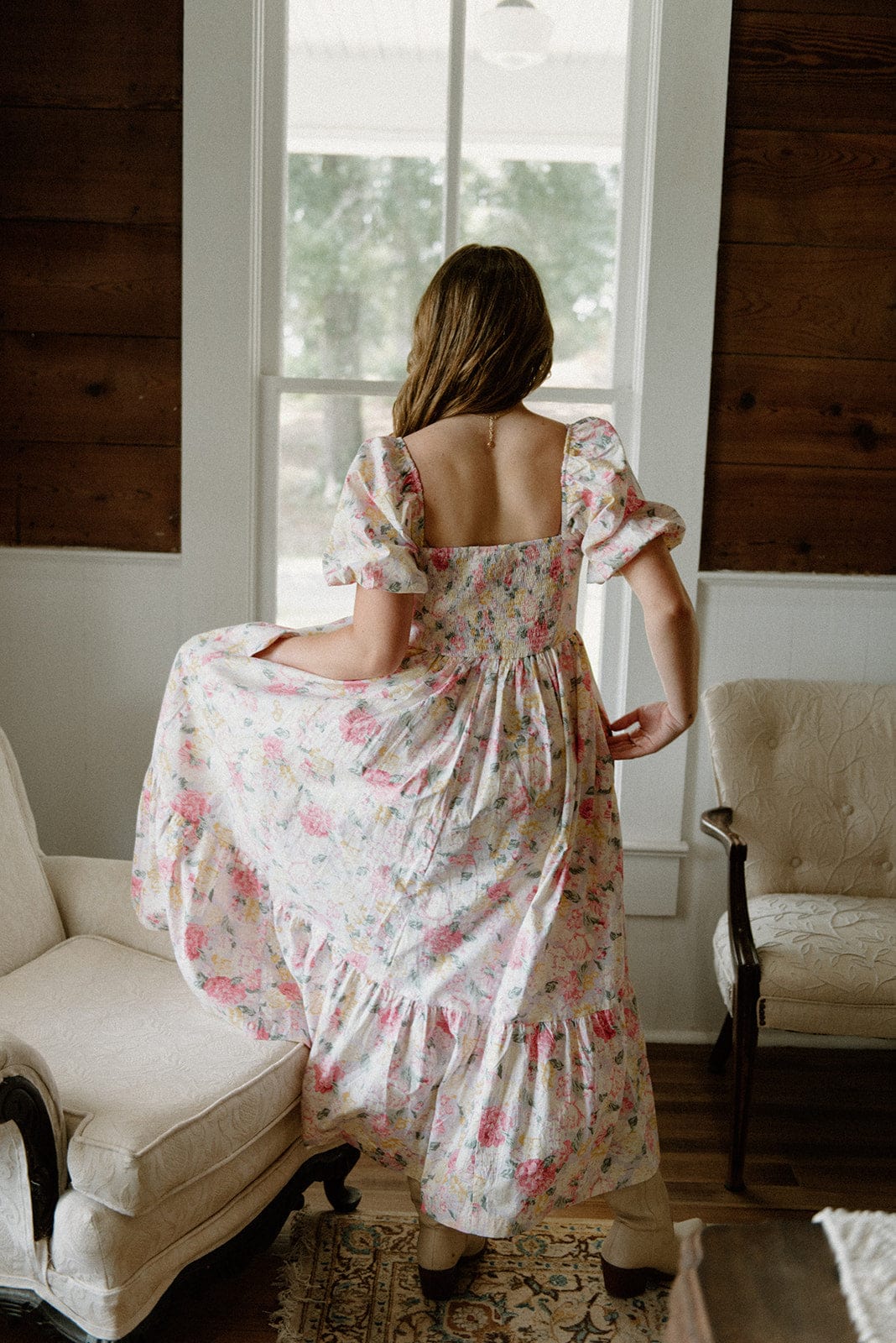 Pink Floral Puff Sleeve Midi Dress - Image 2