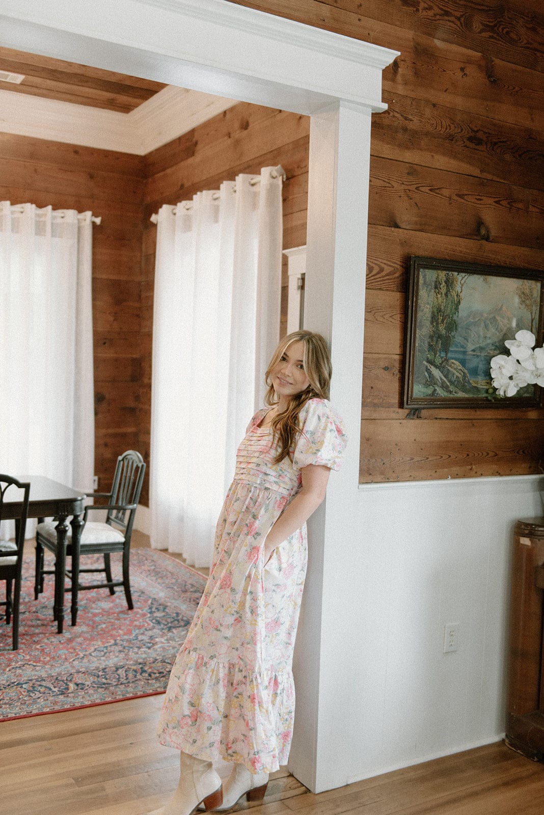 Pink Floral Puff Sleeve Midi Dress - Image 3