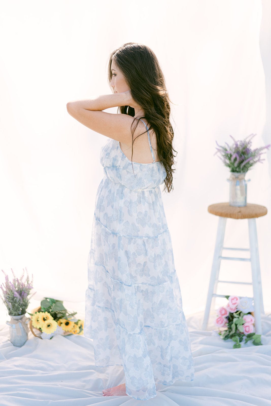 White & Blue Floral Tiered Maxi Dress - Image 2