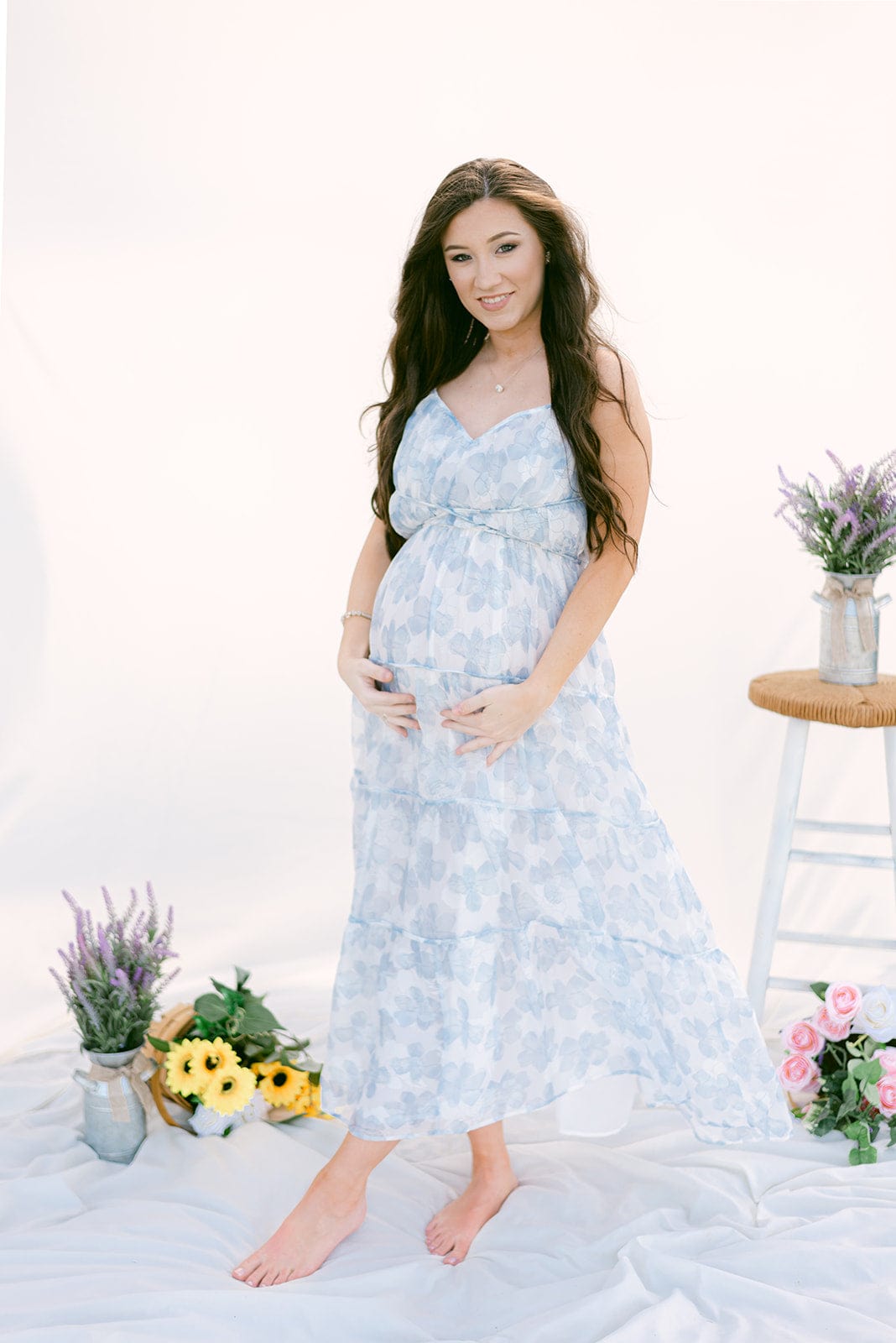White & Blue Floral Tiered Maxi Dress - Image 3