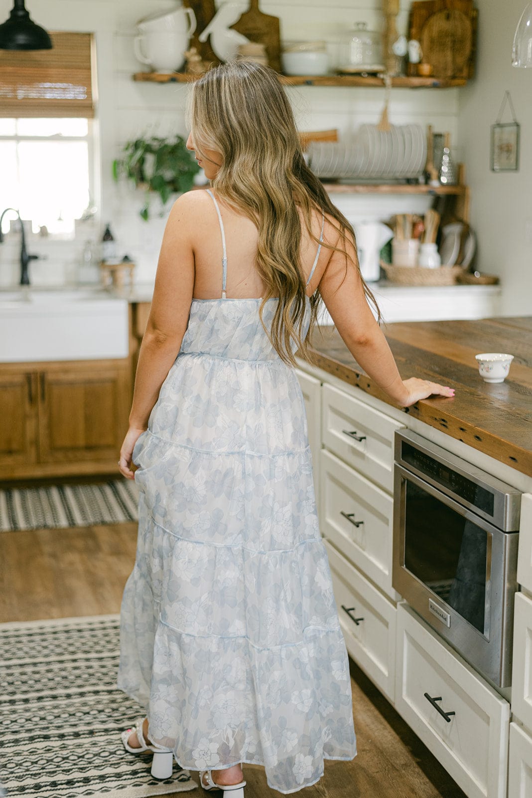 White & Blue Floral Tiered Maxi Dress - Image 6