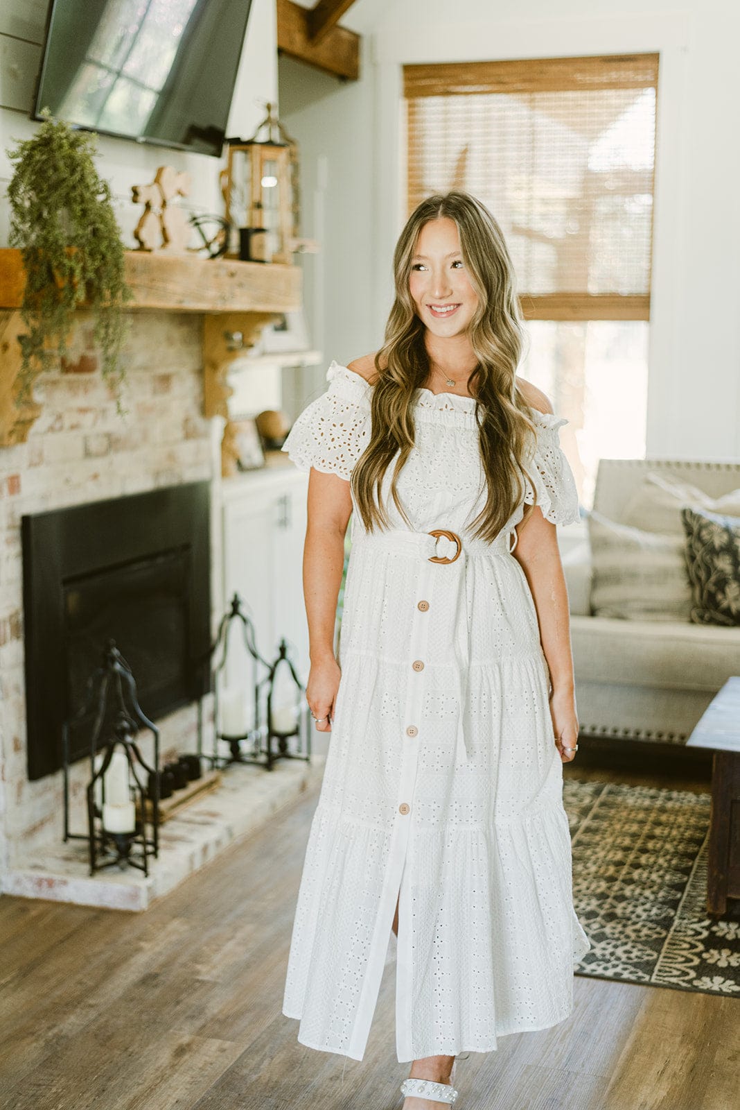 White Eyelet Lace Belted Maxi Dress - Image 4