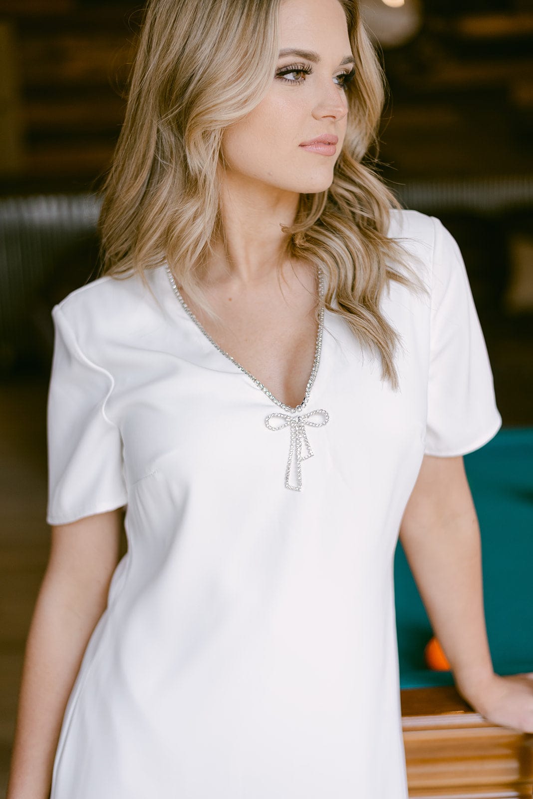 White Rhinestone Bow Mini Dress - Image 3