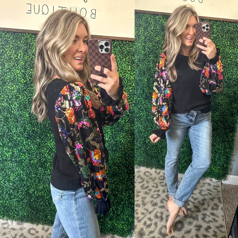 She is the Party Floral Sequins Mesh Sleeve Top