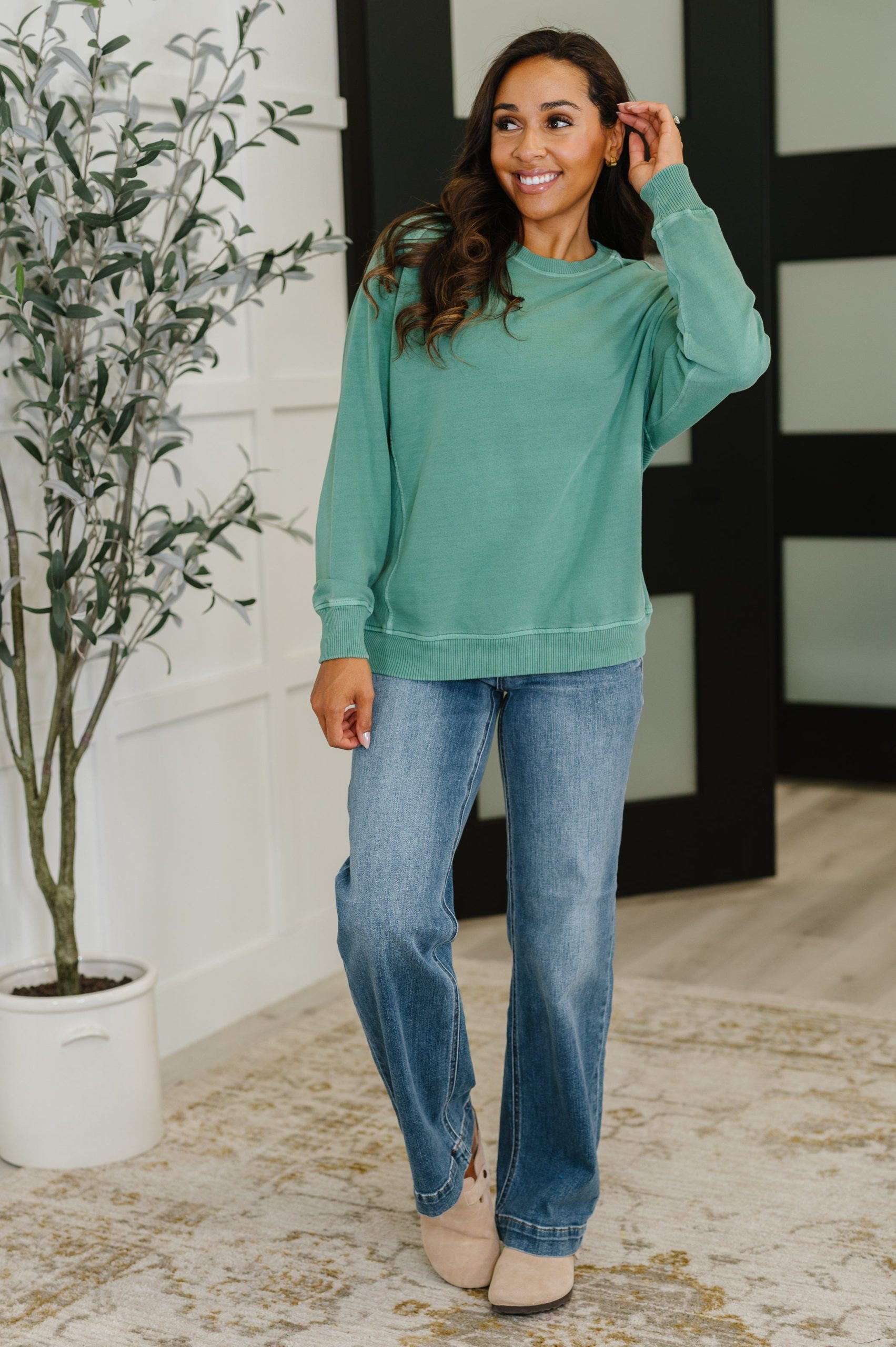 Daily Ease Mineral Wash Pullover in Dark Green - Image 3