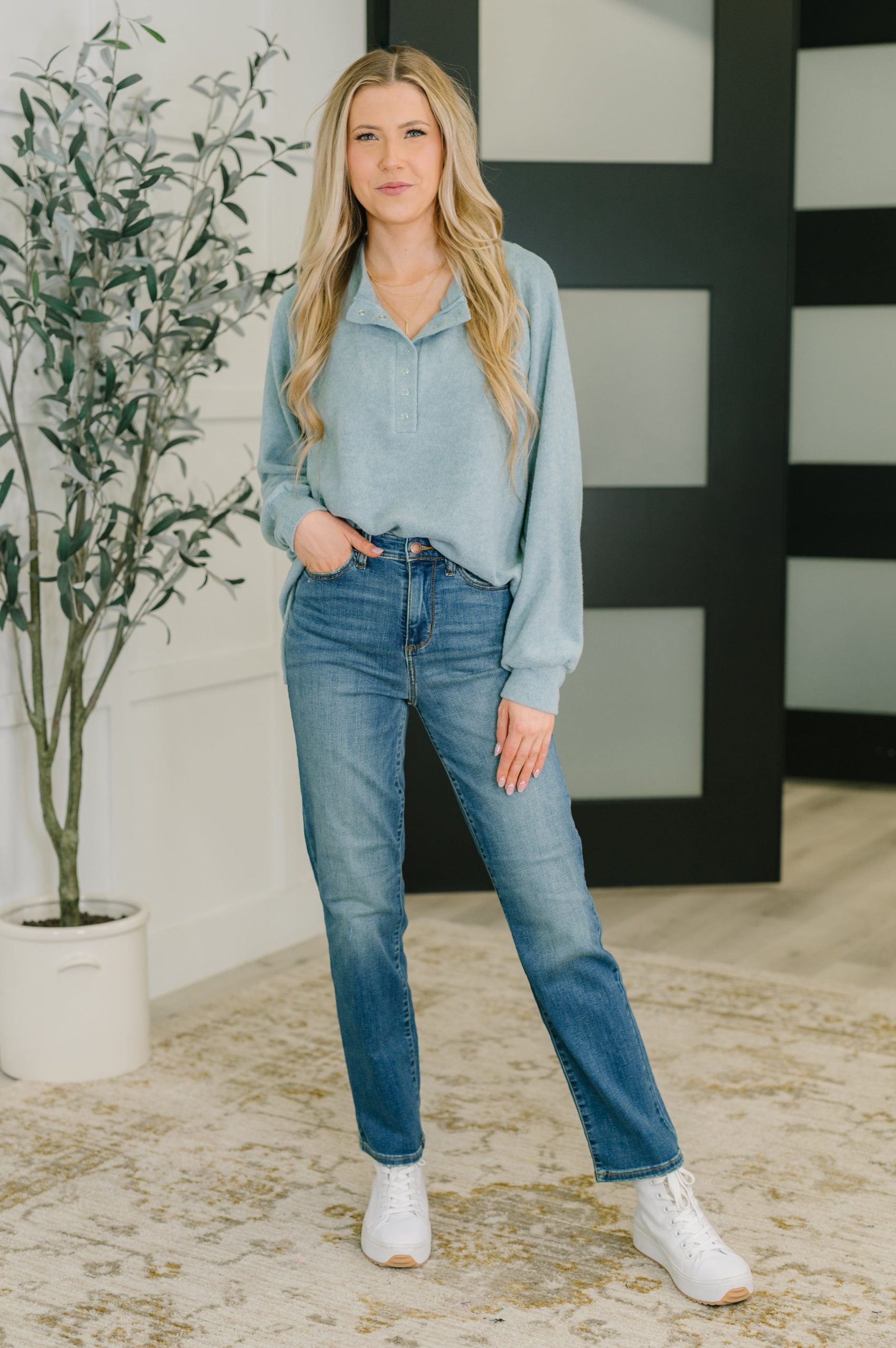 Urban Flux Scooped Hi-Low Long Pullover in Blue Grey - Image 3